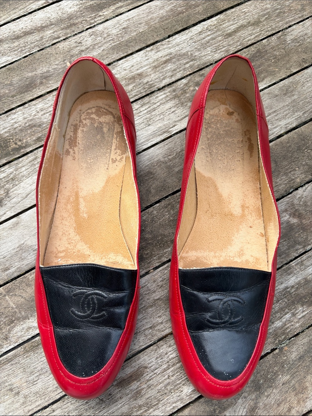 Vintage Chanel Red and Black Leather Two-Tone Loafers